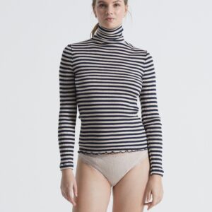 Silky Lola | Silk Roll Neck - Navy Beige Stripes