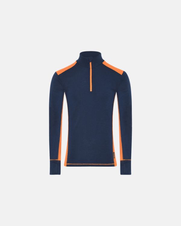 Langærmet zip undertrøje | 100% merino uld | navy/orange